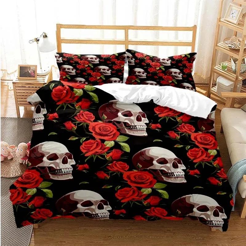 Sugar Skull Duvet Cover Set Queen Size Flowers Skeleton Bed Linen Double Bedding Set With Pillowcase King Size Skull Quilt Cover