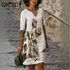 QICED Летнее женское платье из бамбукового волокна с цветочным принтом, рукавами 1/2, с V-образным вырезом и рукавами Five Points, с принтом и свободным льном