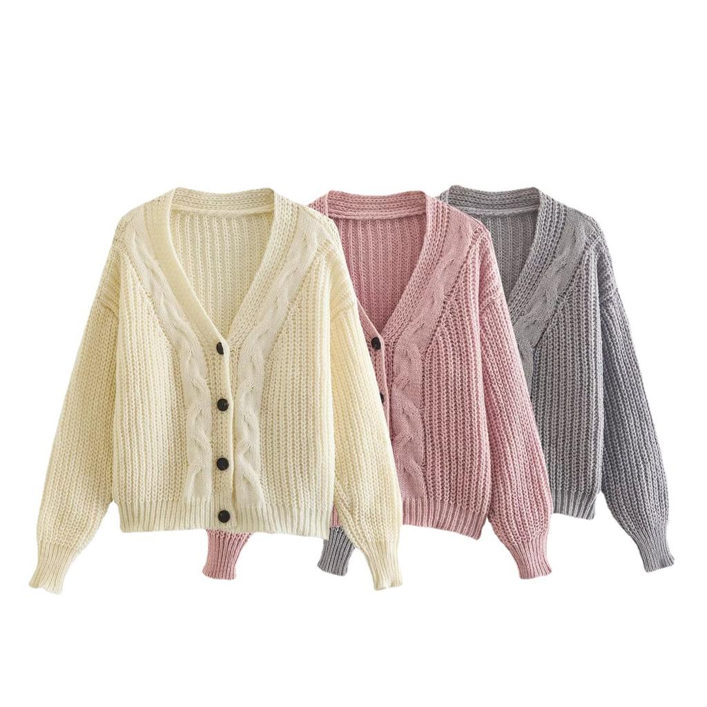 Корейский шикарный осенний свитер, пальто, женский ленивый стиль, V-образный вырез, рукав-пузырь, льняной узор, свободный вязаный кардиган