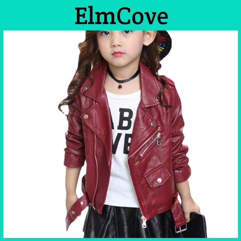 Motorcycle Jacket Girls Pu Childrens Jacket Kid Outwear Solid Color Zipper Belt Long Sleeve Casual