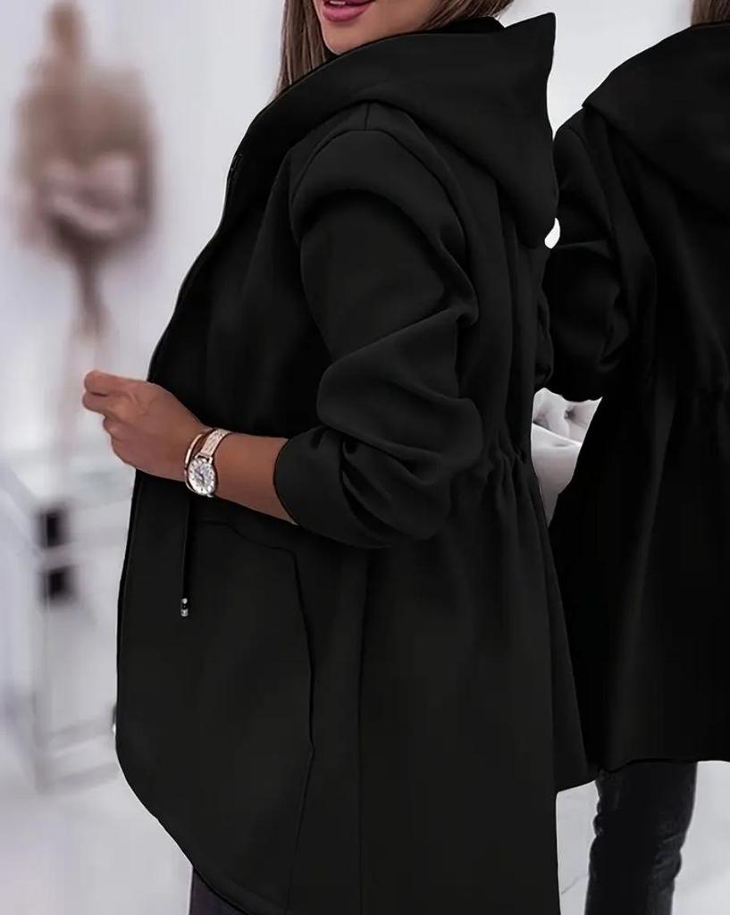 Европейская и американская женская мода Куртка средней длины с капюшоном на молнии и приталенной талией