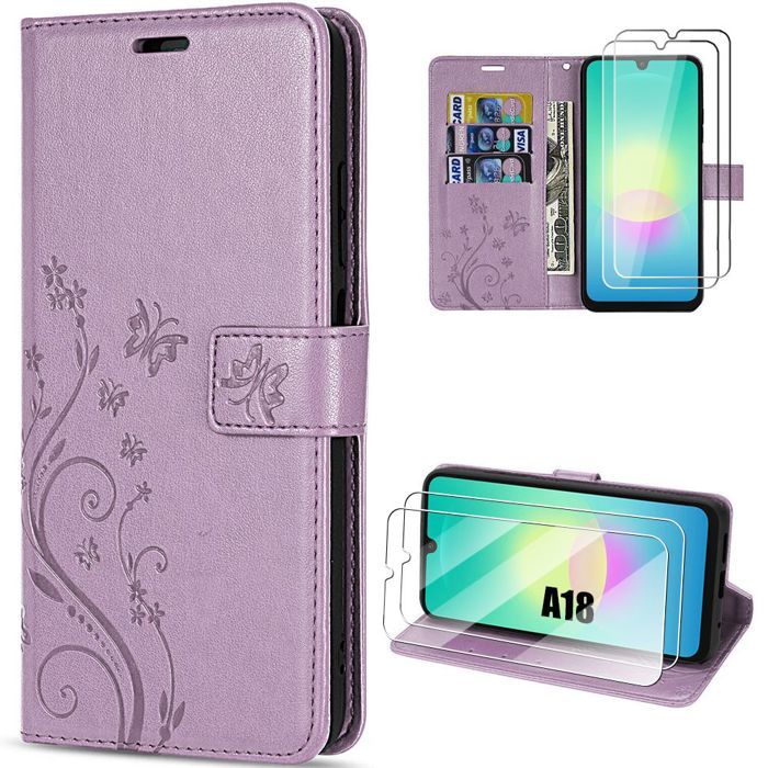 Coque + 2 Verres Trempés pour Samsung Galaxy A18 4G/5G, Antichoc Synthécuir Violet Motif Fleur