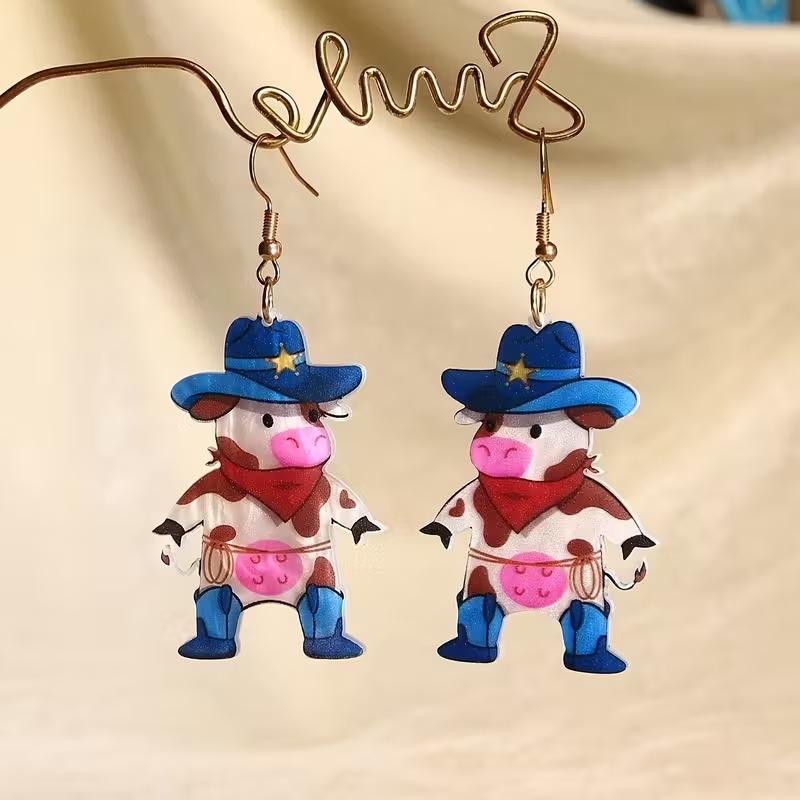 New western cowboy hat cow earrings flat acrylic creative cartoon animal cute calf earrings