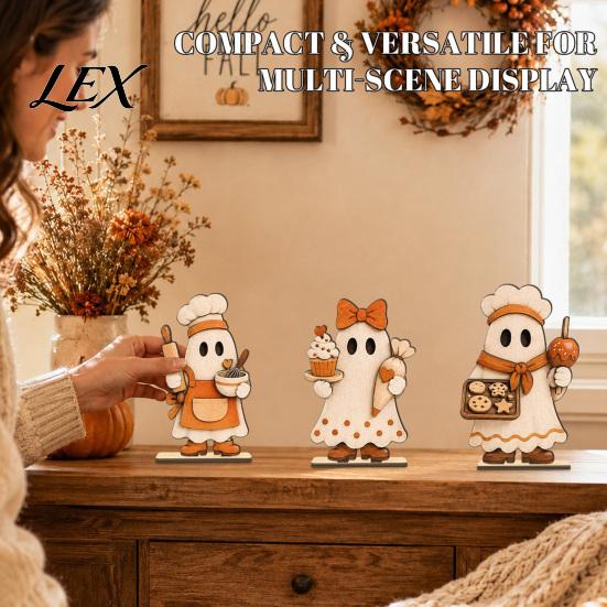 Decorative Wooden Fall Crafts 3 Pcs Vintage Ghost Tabletop Centerpiece, Rustic Chef Block Sign, Halloween Table Decor Freestanding Farmhouse