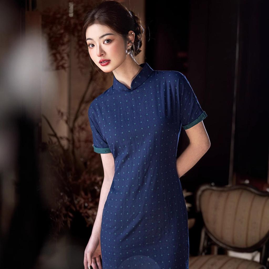 New Chinese girl cotton cheongsam daily improvement 1011 new summer retro polka dot dress single layer orange