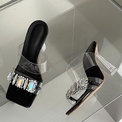 Liyke/Новые женские туфли-лодочки на прозрачном каблуке с большой цепочкой из кристаллов и стразами, летние прозрачные сандалии из ПВХ с квадратным носком, свадебные туфли