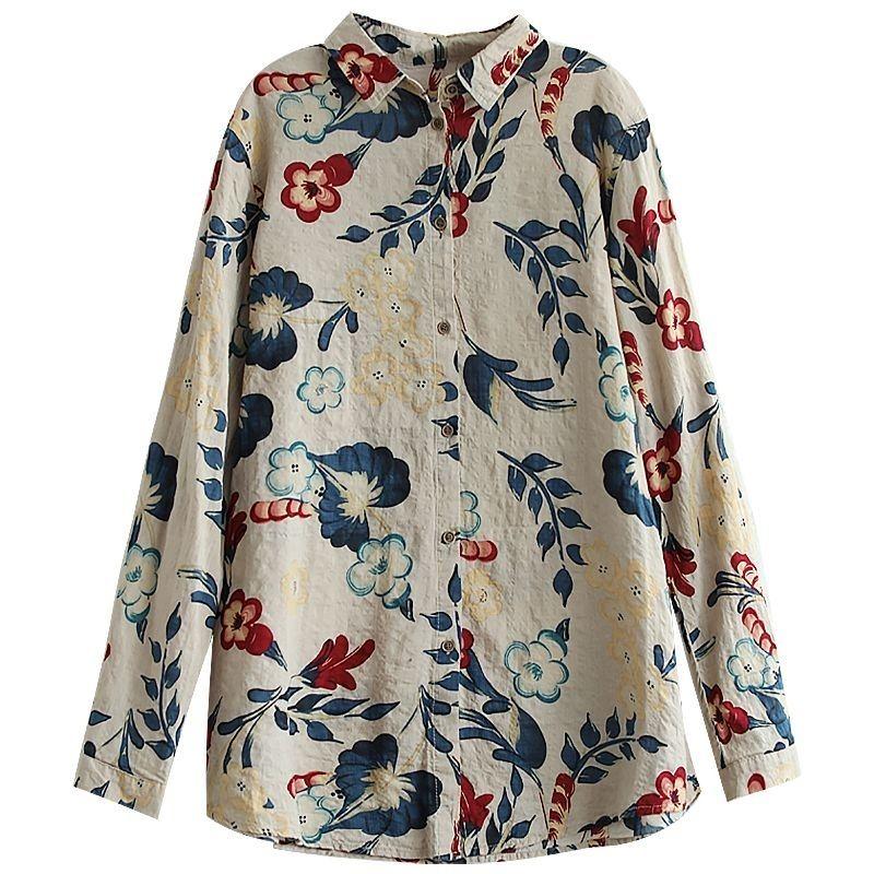 Cotton Linen Printed Floral Long Sleeved Shirt for Women Loose Slimming In Spring Autumn Retro Artistic Hong Kong Style Shirt Trendy Collar