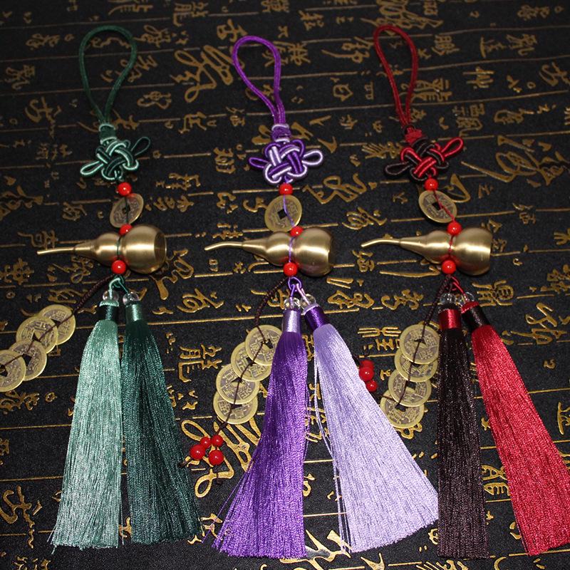 Retro Brass Gourd Car Pendant with Five Emperors Coins - Pure Copper Ornament for Storing Sutras