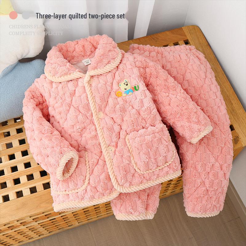 Kids' Winter 3-Layer Quilted Pajamas Coral Fleece Set - Boys, Girls, Babies & Parent-Child Outerwear