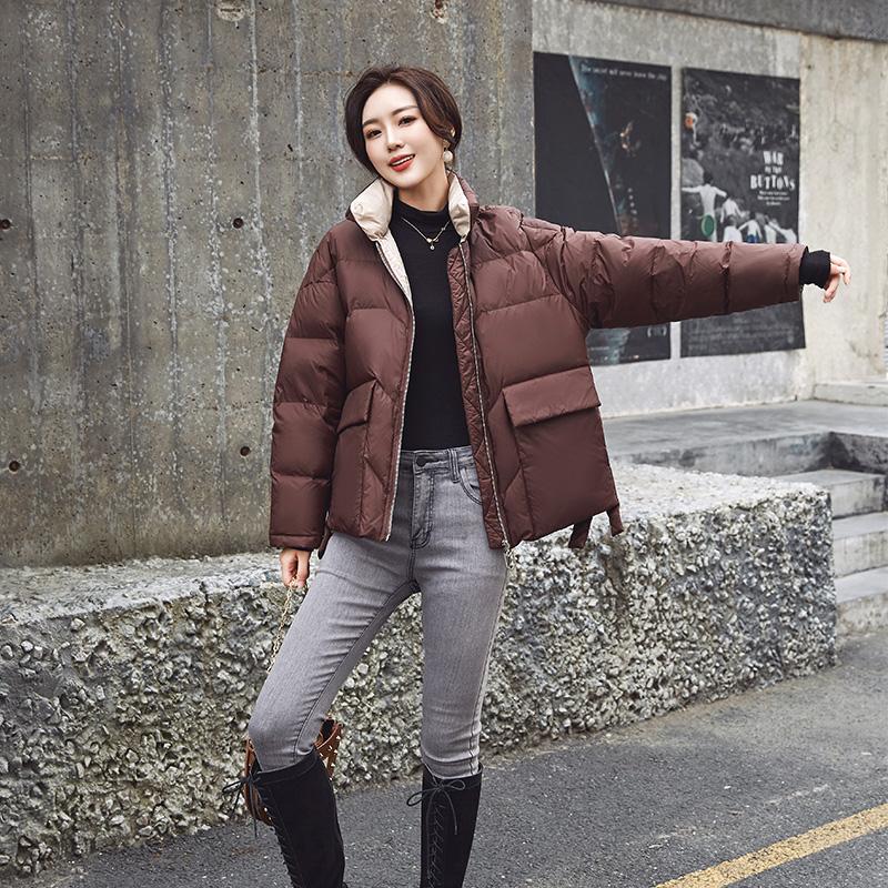 Женская белая куртка на утином пуху, зимнее свободное пуховое пальто с воротником-стойкой, женская теплая короткая зимняя верхняя одежда