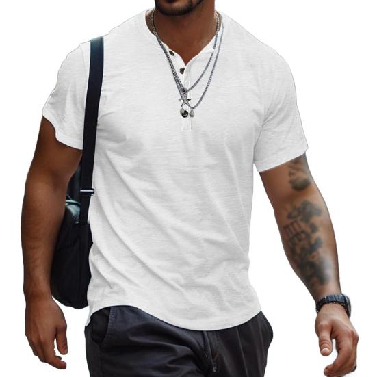 Мужская футболка с воротником Генри, короткими рукавами и пуговицами, однотонная повседневная летняя футболка для дома, спортзала, улицы, отдыха