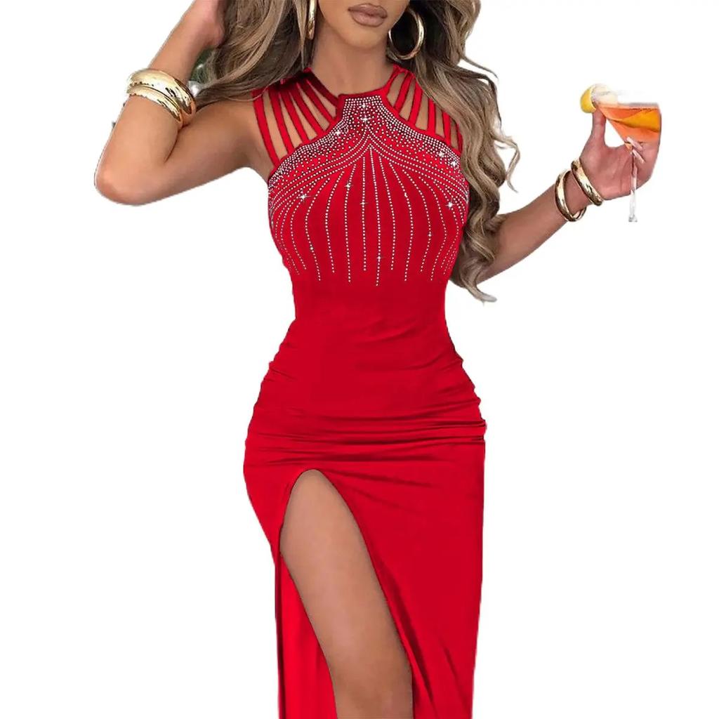 Women's Sleeveless Hot Diamond Slit Long Party Dress