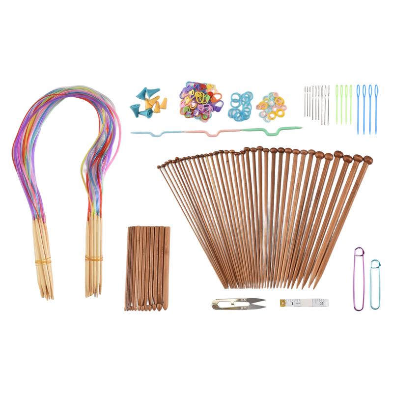 AEE4-Knitting Needles Set-18 Pairs 18 Sizes Bamboo Circular Knitting Needles + 36 Single Pointed Bamboo Knitting Needles + Weavi