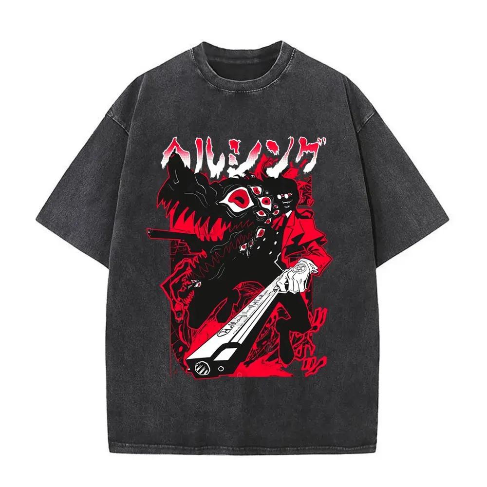 Hot Sale Anime Hellsing Abraham Van Helsing Vampire Alucard Print Tshirt Men Women Vintage Washed Cotton Summer Tee Oversize Top