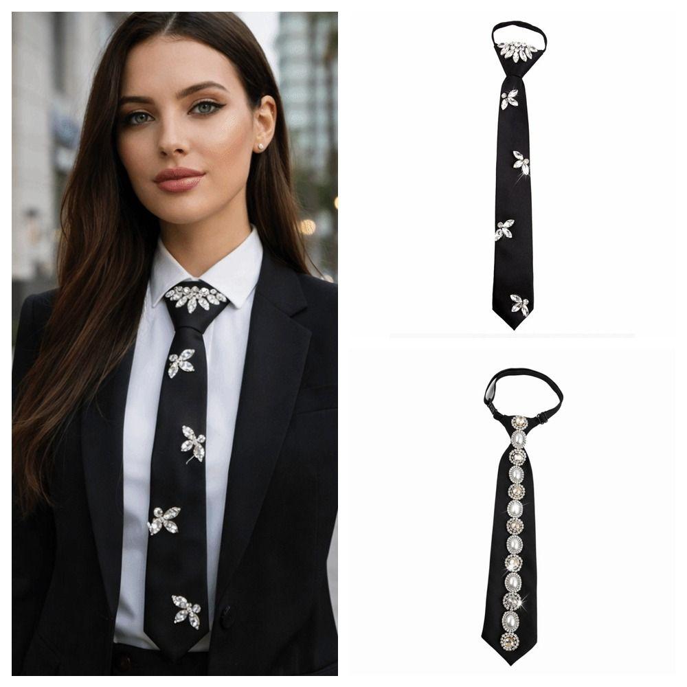 Academic Style Long Necktie Black Decoration Shirt Tie Fashion Rhinestones Tie Students