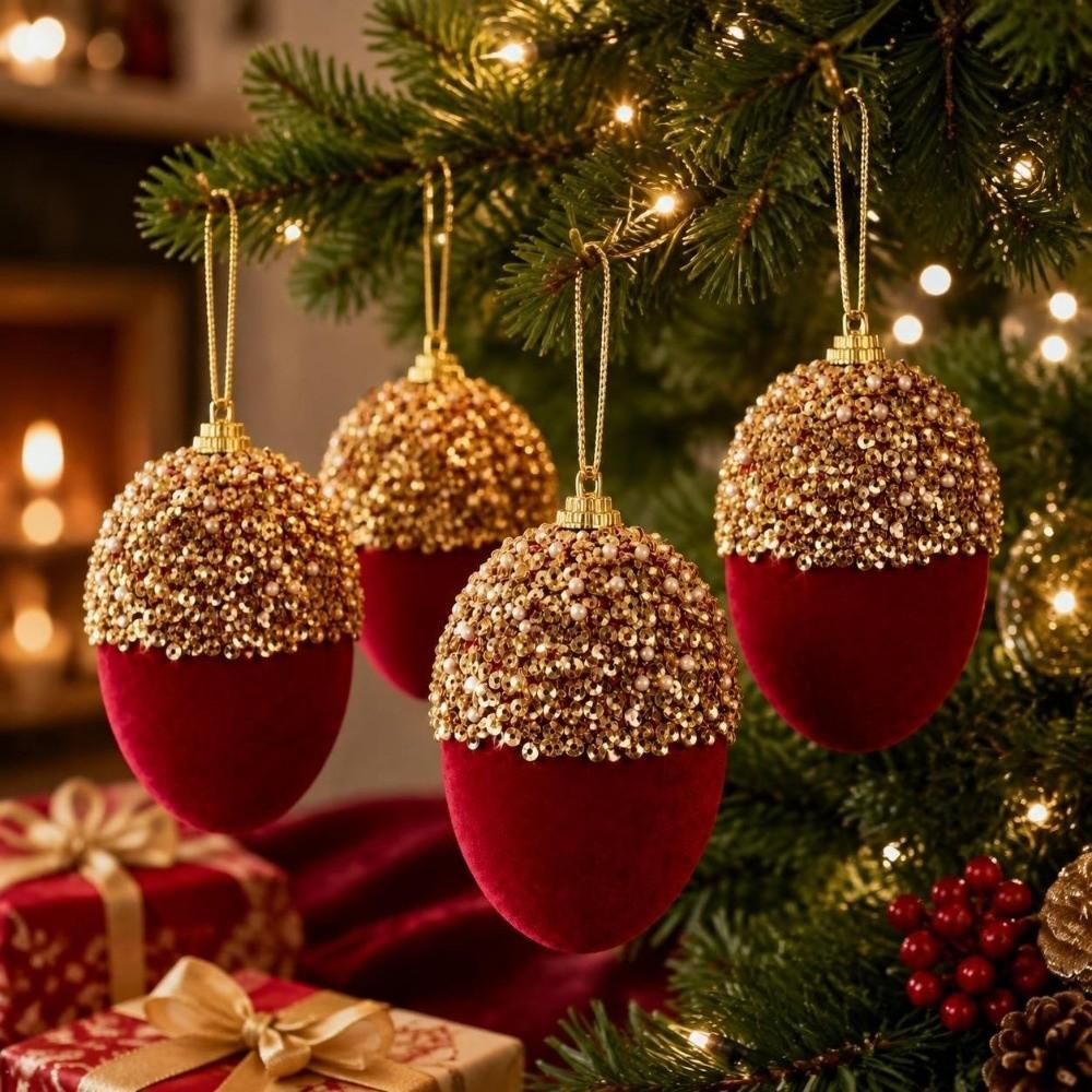 4pcs Gold Sequins Christmas Tree Decor Acorn Shape Hanging Pendant Christmas Ball Ornament New Year