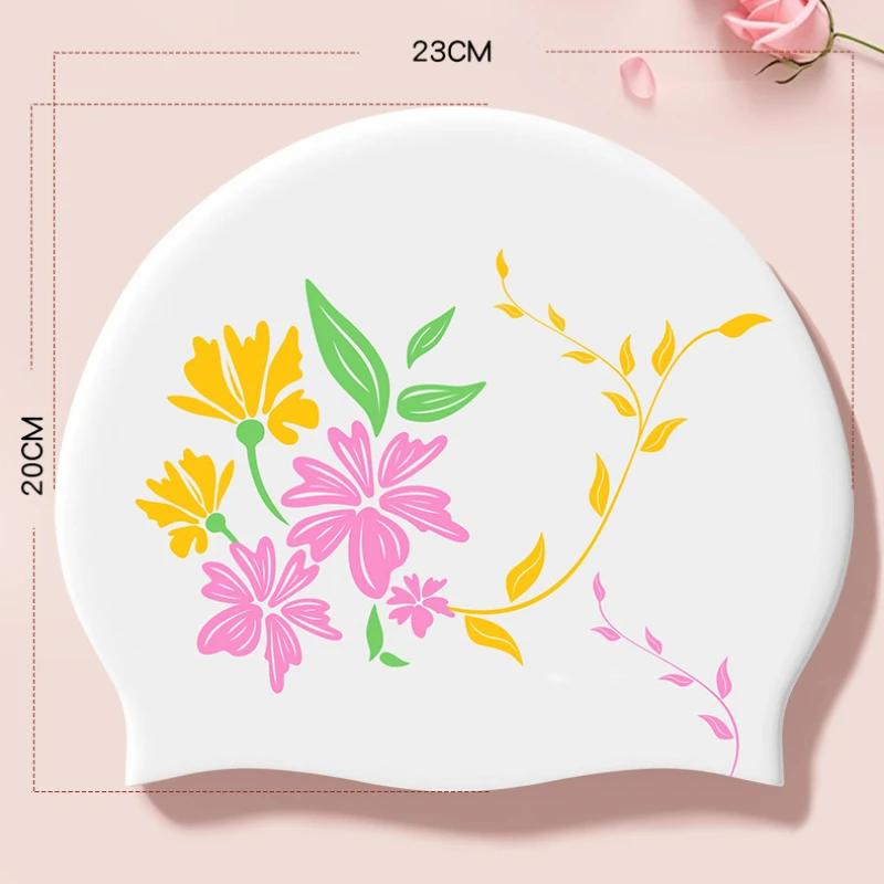 Шапочки для плавания с цветочным принтом для женщин, длинные волосы, защита ушей, шапочки для плавания для взрослых, удобные силиконовые шапочки для плавания, аксессуары для бассейна