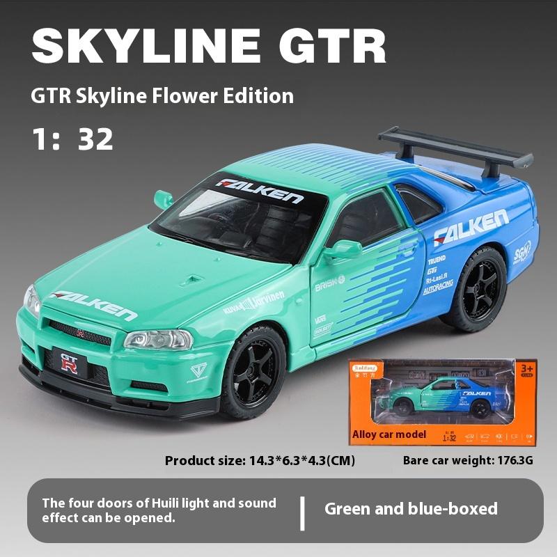 Масштаб 1/32 Nissan GTR R34 Skyline Сплавная машина Литая модель Серия Звук и свет Детская игрушка Детский подарок Подарок на день рождения Миниатюрная машина
