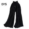 Женские брюки, эластичные брюки с высокой талией, регулируемый шнурок, плиссированные стильные широкие брюки, однотонные повседневные брюки
