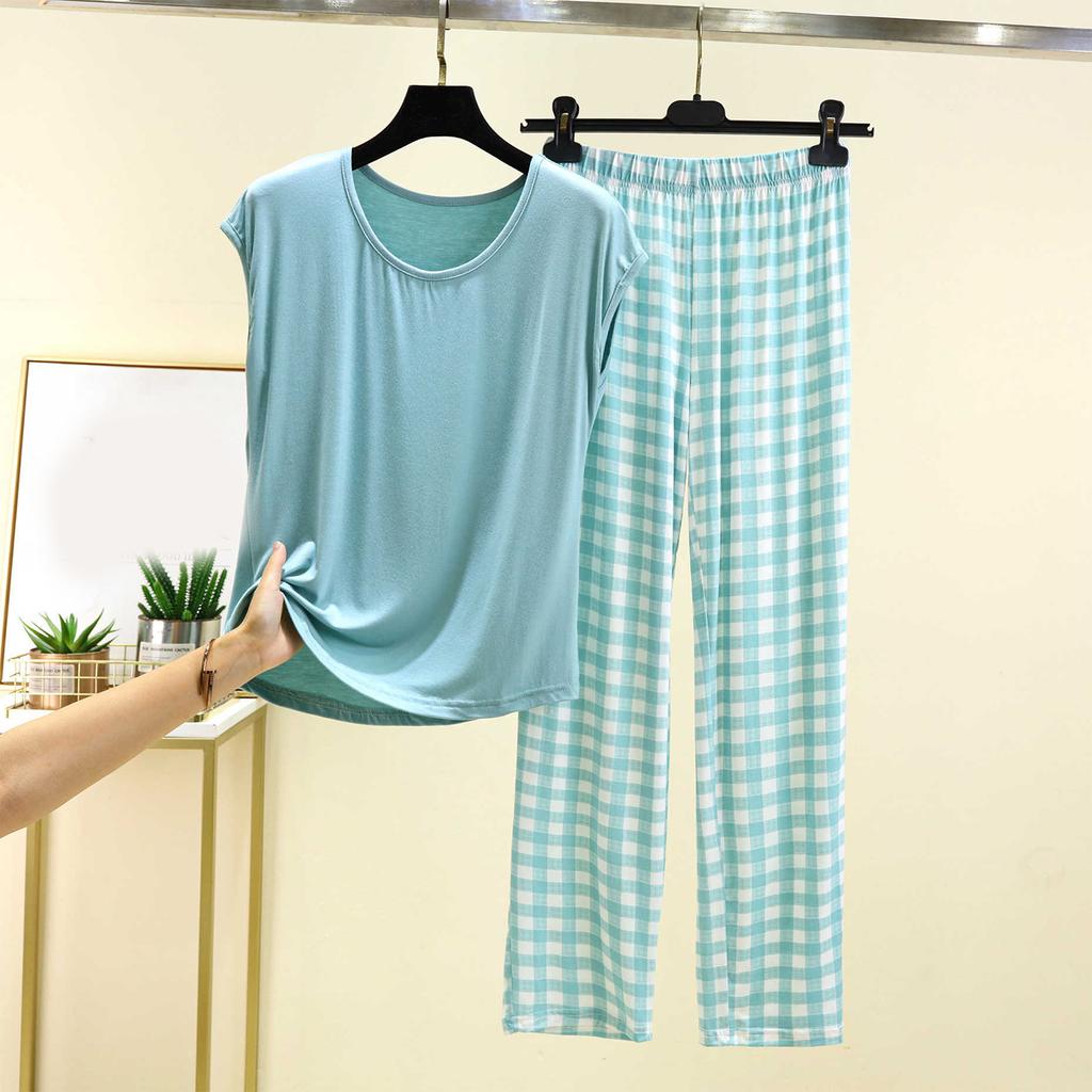 Женский повседневный и удобный топ с круглым вырезом однотонной расцветки и брюки с клетчатым принтом большого размера