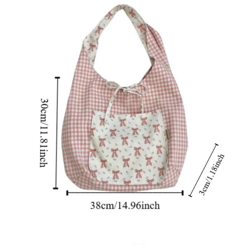 Fairy Bowknot Vest Bag Large Capacity Canvas Tote Bag Casual Floral Plaid Shoulder Bag  Outdoor