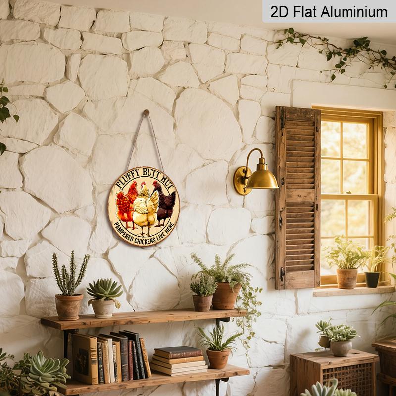2D Flat, 1pc Round Distressed Rust Aluminum Sign, Vintage Fluffy Butt Hut Three Color Chicken Funny Farm Quote Print, Humorous Gift For Chicken