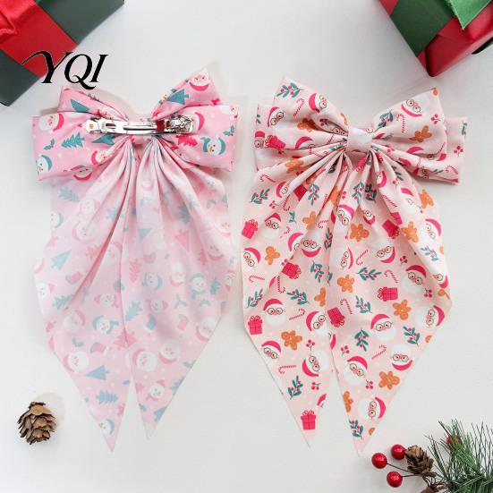 Fashionable Holiday Hair Styling Christmas Pink Bow Clip, Large Fabric Hairpin with Santa Soft Ties for Claus/Snowman/Snowflake Print Party and Daily