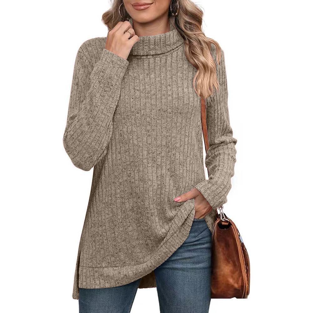 Women's Top Turtleneck Sweaters Side Slit Solid Color Pullovers Autumn and Winter Long Sleeve T-shirt Knitted Sweaters