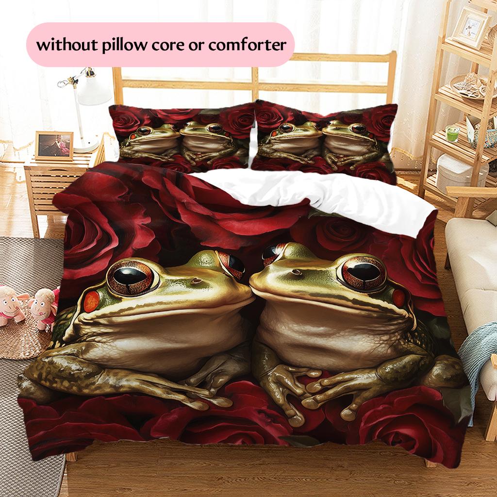 Frog and Flowers Pattern Bedding Home Decoration Birthday Gift (1 * duvet cover + 2 * pillowcase, without core)