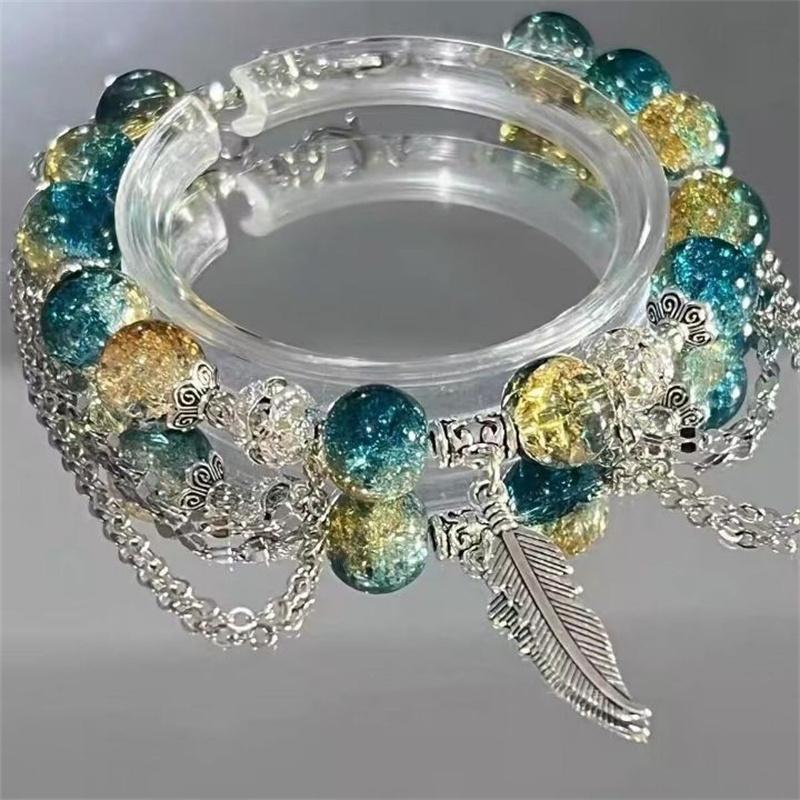 Niche Design Starfish Chain Tassel Bracelet for Women Fantasy Gradient Blue Crystal Beads Elastic Rope Bracelet Student Jewelry