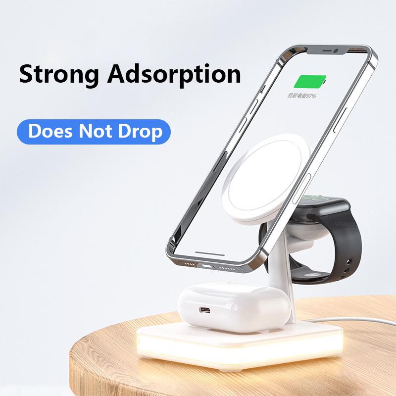 VAORLO Док-станция для беспроводного зарядного устройства 3 в 1 для iphone 12 12pro 12mini 13pro iwatch Airpods с ночником, быстрая зарядка
