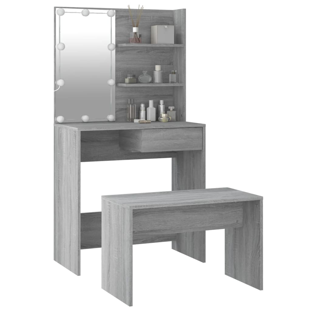 Makeup Table Set with LED Lighting Grey Sonoma Wood Based Material
