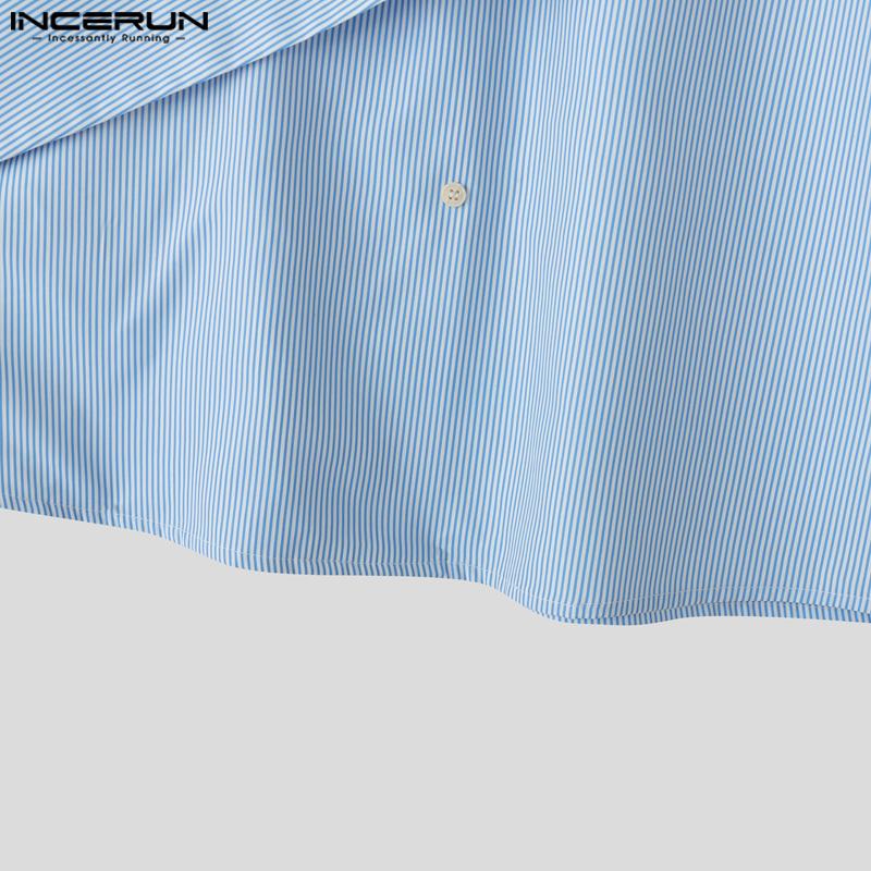 INCERUN Men Long Sleeve Front Cross Irregular Layers Patchwork Striped Casual Cape Shirts