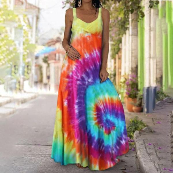 Women's Dresses Fashion Lightweight Sleeveless Party Long Dresses Loose Spaghetti Strap Tie Dye 3D Printed Maxi Dresses Casual V Neck Swing Dress