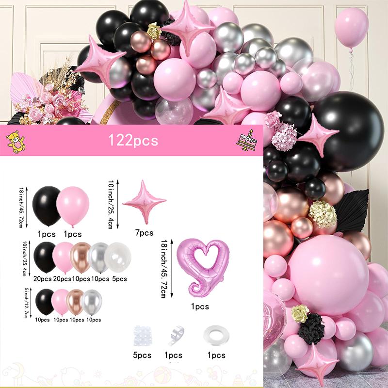 122pcs Metal Silver Black Pink Balloon Garland Set, Suitable for Valentine's Day, Birthday Party Wedding Background Decoration