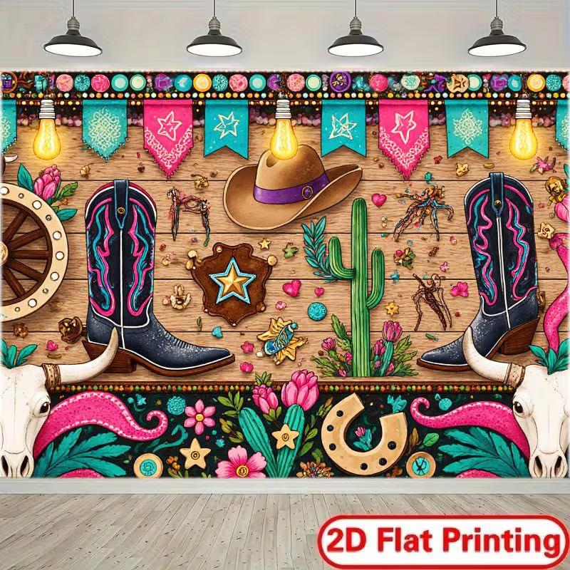 2D Cowboy Boots & Cactus Western Photo Background Cloth