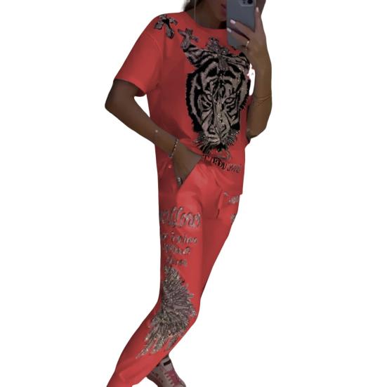 2 Pcs/Set Women T-shirt Pants Set Tiger Print Round Neck Short Sleeves Top Ankle-banded Elastic Waist Trousers Casual Daily Wear Outfit