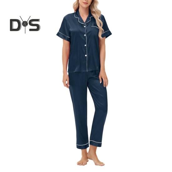 Пижамный костюм из 2 предметов, однобортный, из атласа, шелка, большого размера, кардиган, рубашка с V-образным вырезом, воротник-стойка, однотонная рубашка, широкие свободные брюки, ночная рубашка
