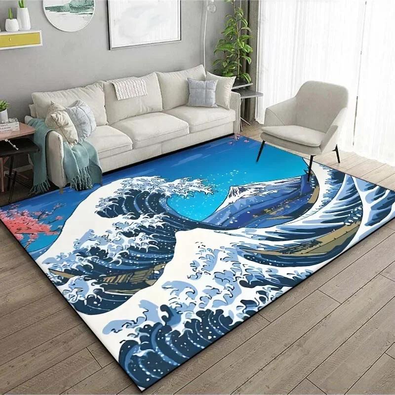 1PC Japanese Art Kanagawa Waves Carpet for Living Room Home Decor Large Area Rug Bedroom Floor Rug Non-slip Easy Washable Mat