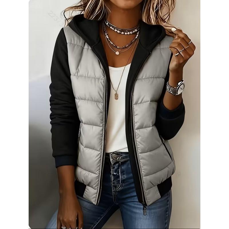 Womens Color Block Patchwork Fake Two-Piece Hooded Cotton Coat Zip Pocket Daily Commute Winter Outerwear