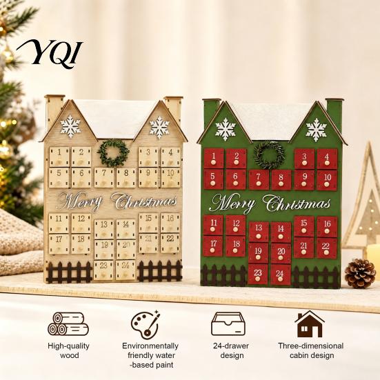 Vintage Style Christmas Decor Wooden House Advent Calendar, with 24 Drawers, Countdown to Gift Box Box, Refillable Xmas Desktop Decoration Decorative