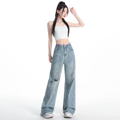 Ретро рваные джинсы с бусинами для женщин, новинка лета, высокая посадка, свободный прямой крой, чтобы они выглядели стройными и моп