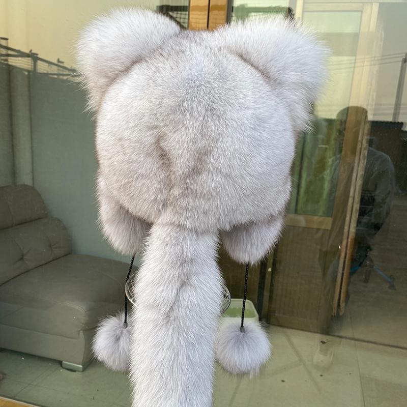 Outdoor Earflap Hat Snow Ski Cap Fleece Bomber Trapper Hat Women Ushanka Real Fox Fur Pompom Winter Russain Cossack