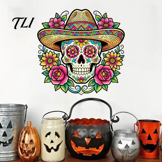 Latin American Party Decor Flower Skull Wall Sticker, Day of The Dead Decorative Waterproof Outdoor Glass Decorations Decals, PVC Removable