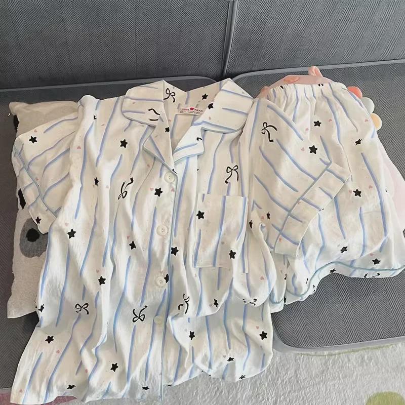 2024 Милый мультяшный женский хлопковый пижамный комплект - летний с короткими рукавами и шортами