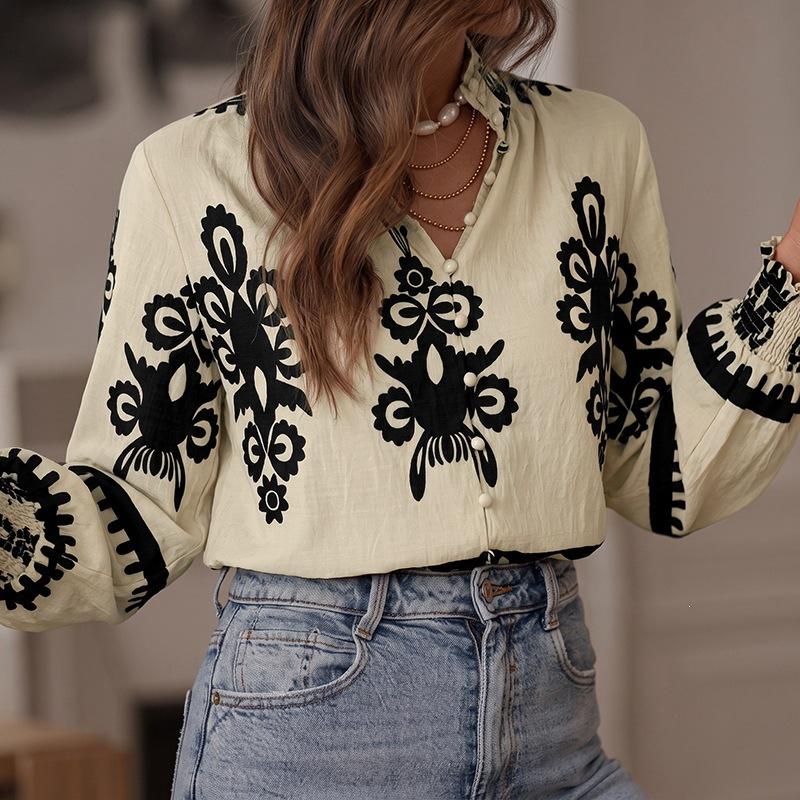 TEMU1116 autumn and winter new bohemian button-up collar retro flower print long-sleeved shirt women