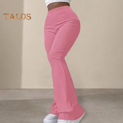 Женские брюки-клеш с широкими штанинами, эластичные брюки с высокой талией, однотонные ребристые брюки, расклешенные брюки однотонного цвета