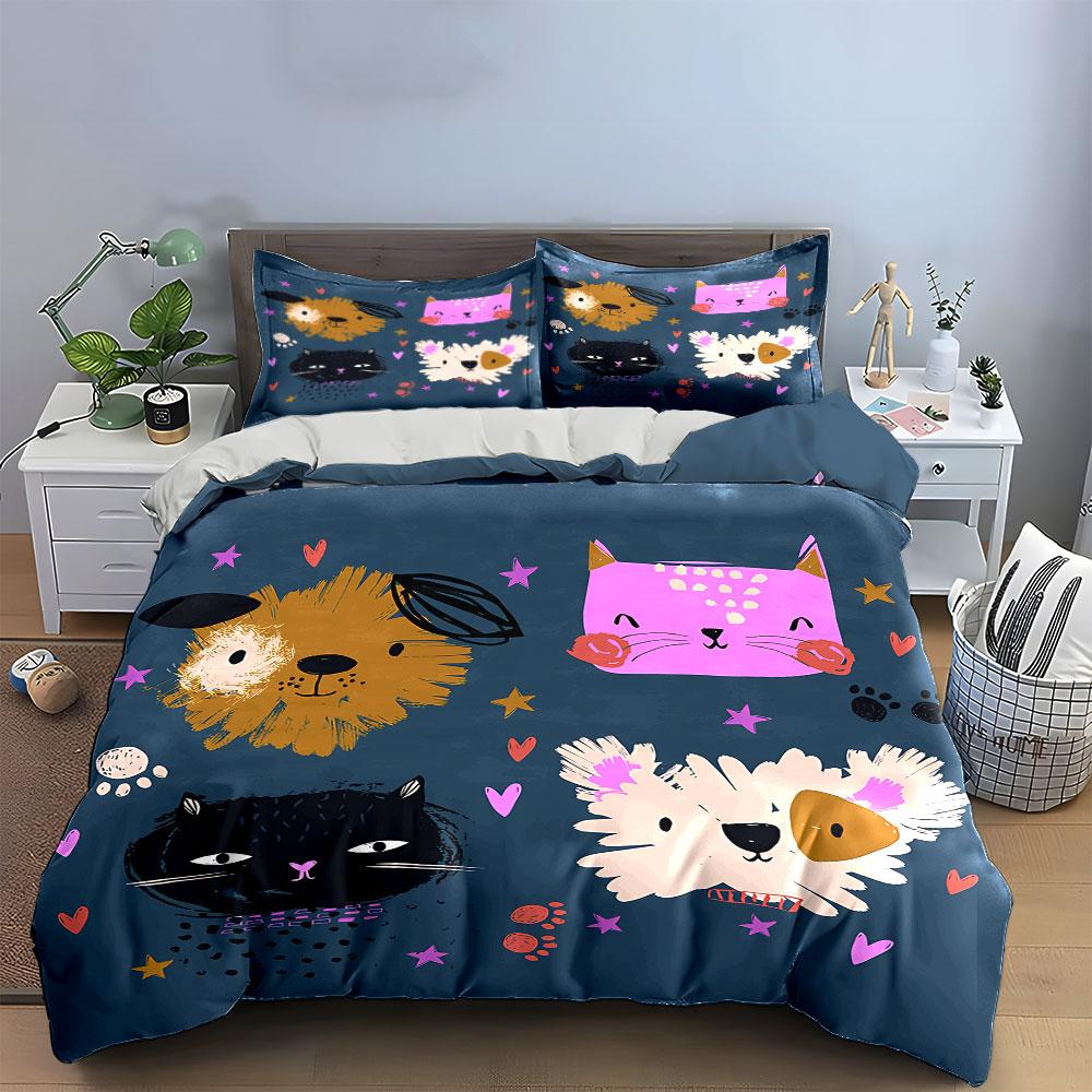 Cute Animal Faces Pattern Set Bedding Duvet Cover Set Duvet Cover Pillowcases (1*Duvet Cover 2*Pillowcases, without duvet insert)