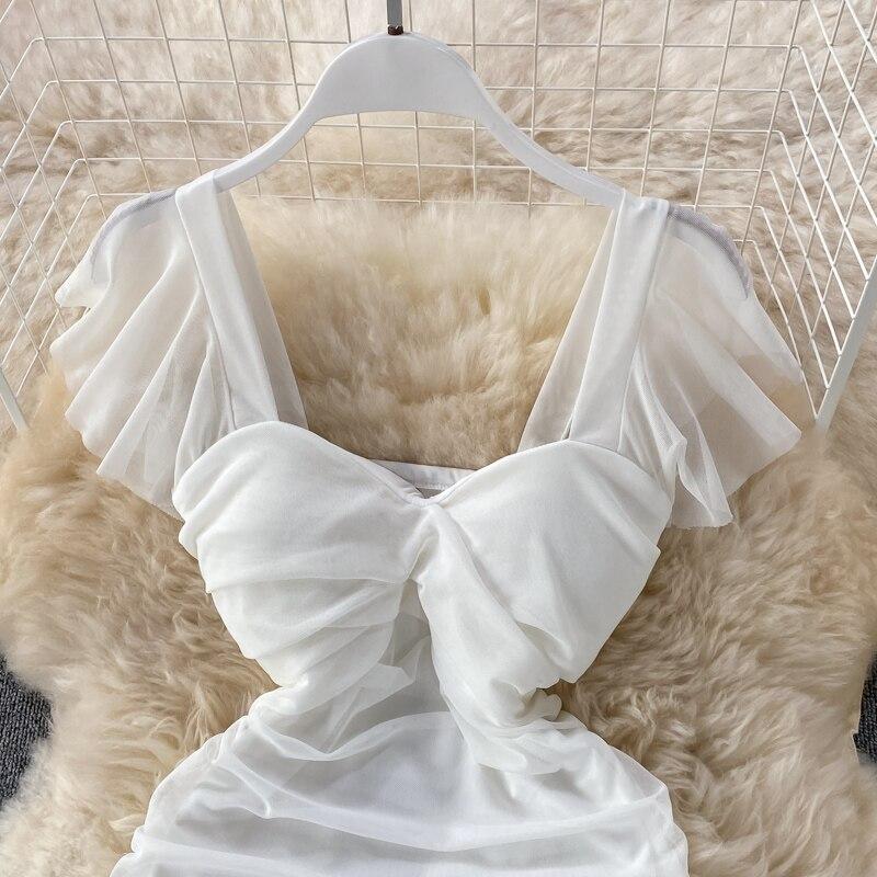 Сексуальное платье с короткими рукавами, высокой талией, облегающее, плиссированное, с квадратным вырезом, облегающее бедра