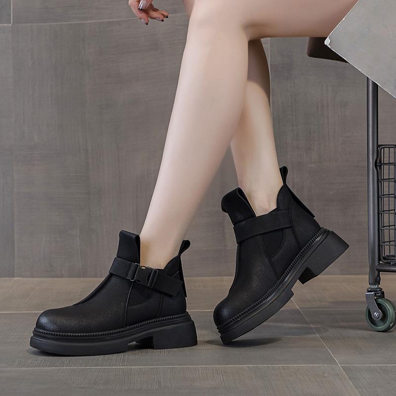 Новые дизайнерские женские ботинки на толстом каблуке с круглым носком, ботильоны из натуральной кожи с пряжкой на ремне и платформе